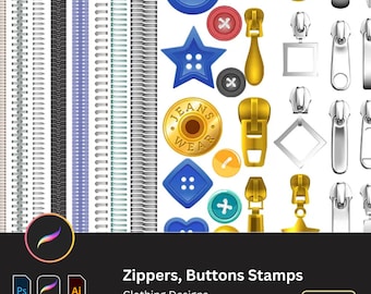 40+ Zippers, Buttons, Clothing Design Procreate Brushes | AI Fabric Patterns, Photoshop Brushes,zipper head puller Buttom Zipper Stamp
