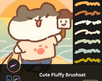 Puede incluir: Un conjunto de 18 pinceles digitales para Adobe Photoshop, con un lindo personaje de dibujos animados sosteniendo un cartel que dice "Cute Fluffy Brushset". Los pinceles están diseñados para crear trazos esponjosos y texturizados en una variedad de colores.