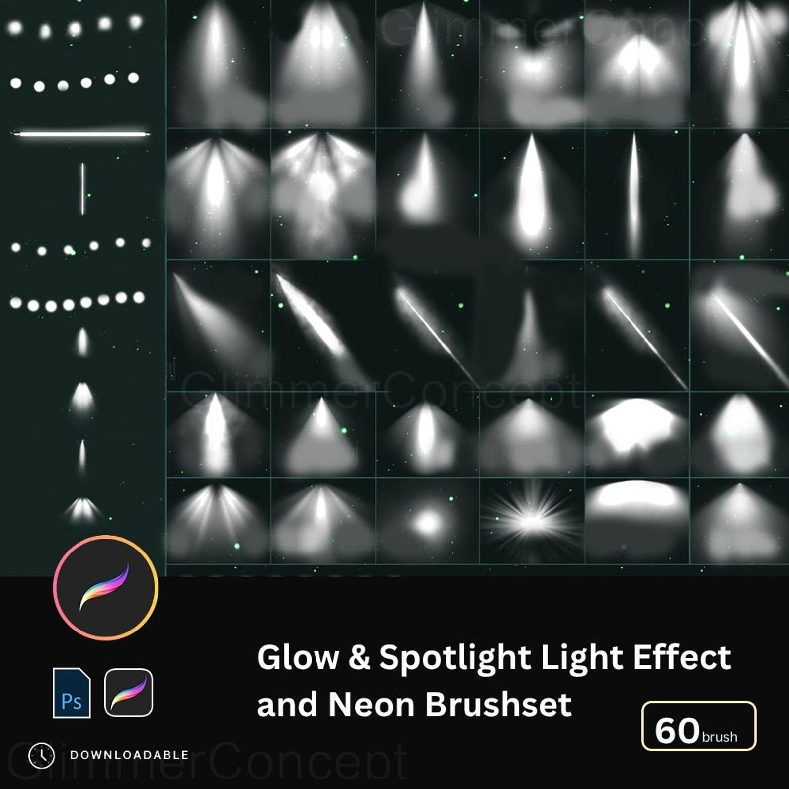 60 Light & Glow Procreate Brush PS Brush Light Rays Spotlight Glow Tube ...