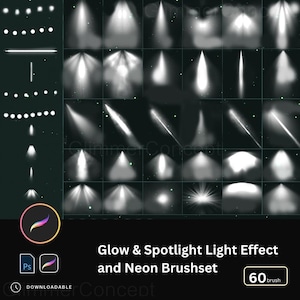 May include: A digital art graphic showcasing a collection of 60 glow and spotlight light effect and neon brushes. The image features various light beam designs in white against a dark background. Includes the text "Glow & Spotlight Light Effect and Neon Brushset".