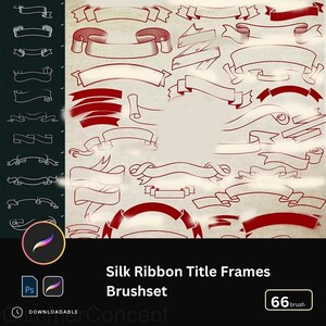 Op de afbeelding: Een verzameling zijden lint titel frames in rood en wit op een getextureerde achtergrond. De afbeelding bevat de tekst "Silk Ribbon Title Frames Brushset" en een telling van "66 brush".
