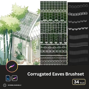 Puede incluir: Un conjunto de 34 pinceles digitales para Adobe Photoshop, que presenta una variedad de diseños de aleros corrugados. Los pinceles son blancos sobre un fondo negro y están dispuestos en filas. El texto "Corrugated Eaves Brushset" se muestra debajo de los pinceles.