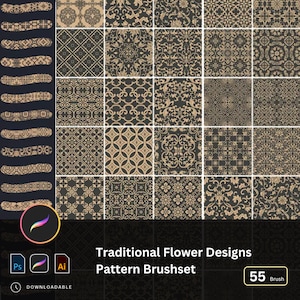 May include: A set of 55 digital brush patterns featuring traditional floral designs in gold on a black background. The brush set is called "Traditional Flower Designs Pattern Brushset".
