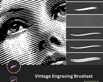 68 Vintage Wood Engraving Brushes for Procreate | Retro Print Texture Illustration Brushes | iPad Drawing Brush Set Woodcut Print