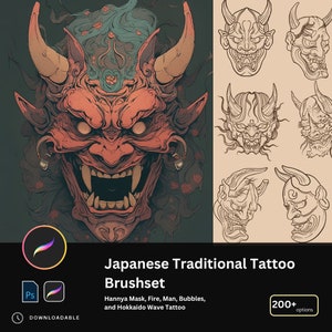 May include: A digital illustration of a red Japanese demon mask with horns and floral details. The image is a digital brush set for creating traditional Japanese tattoos. The text reads "Japanese Traditional Tattoo Brushset" and "Hannya Mask, Fire, Man, Bubbles, and Hokkaido Wave Tattoo".