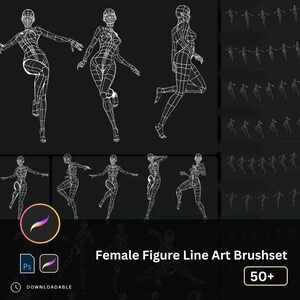 Puede incluir: Un conjunto de pinceles de arte digital con más de 50 pinceles de arte de línea para dibujar figuras femeninas. Los pinceles están diseñados para crear una variedad de poses y estilos. La imagen muestra ejemplos de los pinceles en uso.