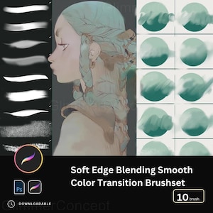 May include: Digital art brush set featuring a profile portrait of a woman with teal hair. The image includes examples of brush strokes and colour blending, with the text "Soft Edge Blending Smooth Color Transition Brushset".