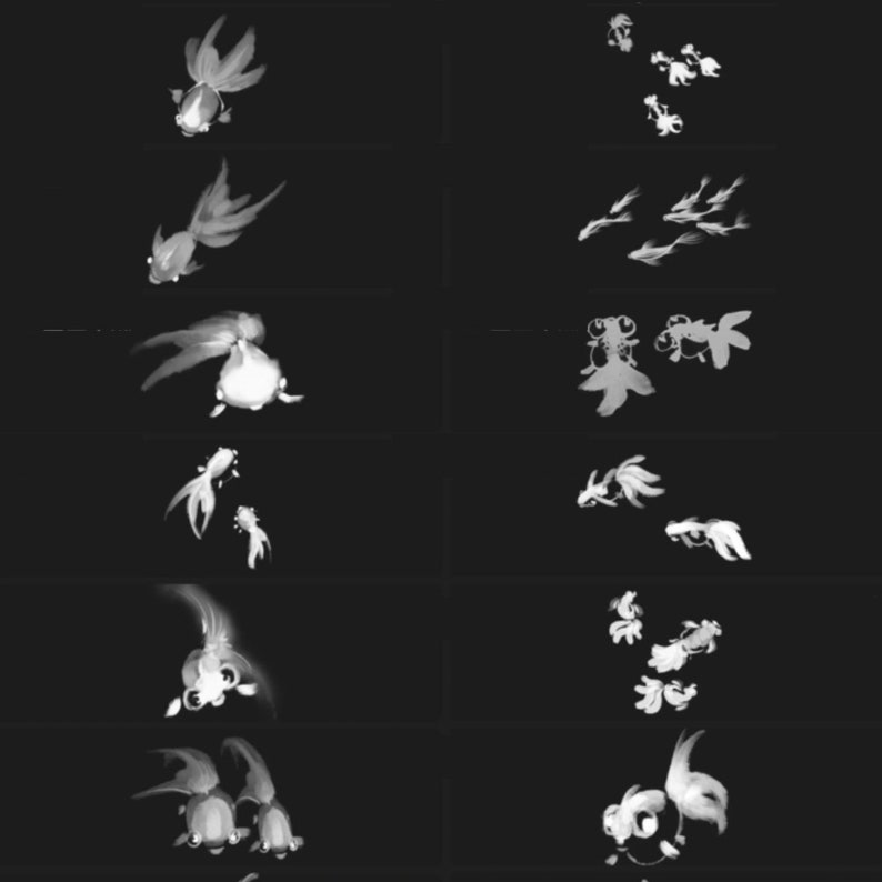 Puede incluir: Una serie de ilustraciones en blanco y negro de peces dorados nadando en diferentes posiciones. Los peces dorados est&aacute;n dibujados de una manera simple y estilizada, con un enfoque en su movimiento y forma.