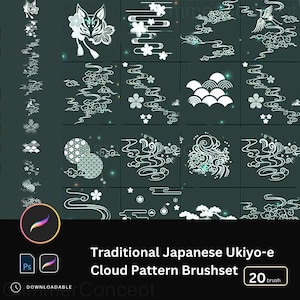 May include: A digital art asset featuring a collection of traditional Japanese Ukiyo-e cloud pattern brushes. The designs include stylized clouds, flowers, and animal motifs in white against a dark teal background. The text reads "Traditional Japanese Ukiyo-e Cloud Pattern Brushset".