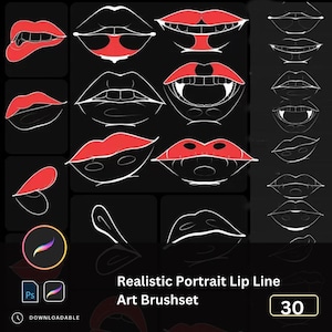 May include: A set of 30 digital art brushes for creating realistic portrait lip lines. The brushes are designed to create a variety of lip shapes and styles, from subtle to dramatic. The brushes are available in a variety of colors, including red, pink, and nude.