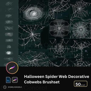 Puede incluir: Ilustraciones de telarañas blancas sobre un fondo verde oscuro. La imagen incluye varios diseños de telarañas, logotipos de Procreate y Photoshop, y el texto "Halloween Spider Web Decorative Cobwebs Brushset" con "50 brush".