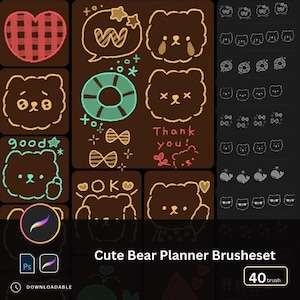 May include: A digital art set featuring cute bear illustrations and planner elements in brown, teal, and red. Includes speech bubbles, hearts, bows, and the text "Thank you!" and "OK". The set is labeled "Cute Bear Planner Brusheset" and includes 40 brushes.