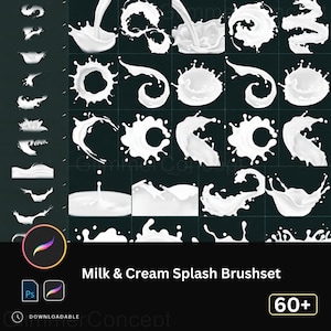 May include: A digital art brush set featuring over 60 milk and cream splash designs. The white splashes are displayed against a dark background. The text "Milk & Cream Splash Brushset" is visible, along with the number "60+".