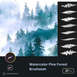May include: Watercolor Pine Forest Brushes set of 27 brushes for digital art. The image shows a watercolour painting of a misty pine forest with a set of brush strokes on the right side of the image.