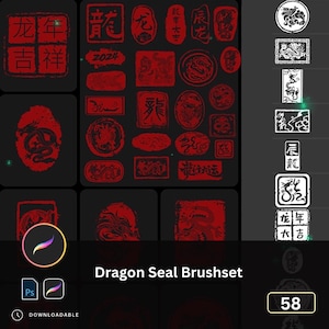 Könnte beinhalten: Eine Sammlung roter Drachen-Siegel-Designs auf schwarzem Hintergrund. Die Designs umfassen verschiedene Drachenillustrationen, chinesische Schriftzeichen und den Text "Dragon Seal Brushset". Das Bild zeigt auch die Zahl "58".