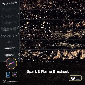 Puede incluir: Imagen de un producto de arte digital que presenta un conjunto de pinceles Spark & Flame con 36 pinceles. La imagen muestra ejemplos de trazos de pincel en tonos dorados y blancos sobre un fondo oscuro. Incluye iconos de Procreate y Photoshop, y la palabra "Descargable".