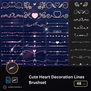 48 Heart Brushes for Photoshop & Procreate | Cute Heart Decoration Lines, Floral Patterns for Journal Layout