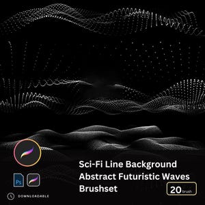Könnte beinhalten: Schwarz-weiß digitale Kunst mit abstrakten futuristischen Wellen aus weißen Punkten. Das Bild enthält den Text "Sci-Fi Line Background Abstract Futuristic Waves Brushset" und Symbole für Photoshop und Procreate.