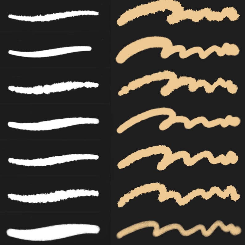 May include: Two columns of brush strokes on a black background. The left column features white brush strokes, while the right column features light brown brush strokes. The brush strokes are of varying lengths and widths, creating a textured and artistic effect.
