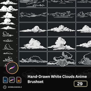 以下が含まれることがあります： デジタルアートプログラムで使用するための、手描きで描かれた29個の白い雲ブラシのセット。ブラシはアニメスタイルでデザインされており、リアルな雲やスタイリッシュな雲を作成するのに最適です。