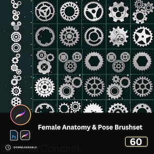 May include: A digital art set featuring 60 gear-shaped brushes in various designs and sizes. The brushes are white and arranged on a dark green background. The text "Female Anatomy & Pose Brushset" is displayed below the brushes.