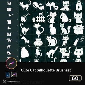 Può includere: Un set di pennelli di arte digitale con 60 simpatiche sagome di gatti in bianco su sfondo scuro. L'immagine include varie pose di gatti, uno scheletro di pesce e una boccia per pesci. Il testo sull'immagine recita "Cute Cat Silhouette Brushset" e "60".