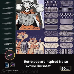 Classic Halftone Brushes Retro Pop Art, Op Art, Comic Dot, Diagonal Line, Screentone & Noise Texture Brush Set