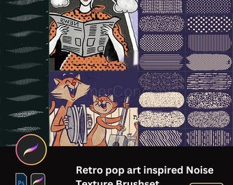 Classic Halftone Brushes Retro Pop Art, Op Art, Comic Dot, Diagonal Line, Screentone & Noise Texture Brush Set