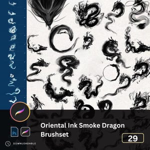 Könnte beinhalten: Ein digitales Kunst-Pinselset mit schwarzen Tintenrauch-Drachendesigns. Das Bild zeigt verschiedene Drachenillustrationen im traditionellen orientalischen Stil, mit dem Text "Oriental Ink Smoke Dragon Brushset" und der Nummer "29".