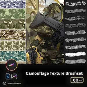 May include: A set of 60 camouflage texture brushes for digital art. The brushes are displayed on a black background with a variety of camouflage patterns. The brushes are designed for use in Adobe Photoshop.