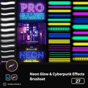 May include: A set of 27 neon glow and cyberpunk effects Photoshop brushes. The brushes are displayed in a variety of colors, including pink, blue, green, and yellow. The brushes are designed to create a variety of effects, including glowing lines, neon signs, and cyberpunk-inspired graphics.
