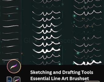 May include: Digital art brushes for sketching and drafting, featuring various line styles. The image showcases a set of 26 essential line art brushes, including straight and wavy lines, with a dark background and the text "Sketching and Drafting Tools Essential Line Art Brushset."