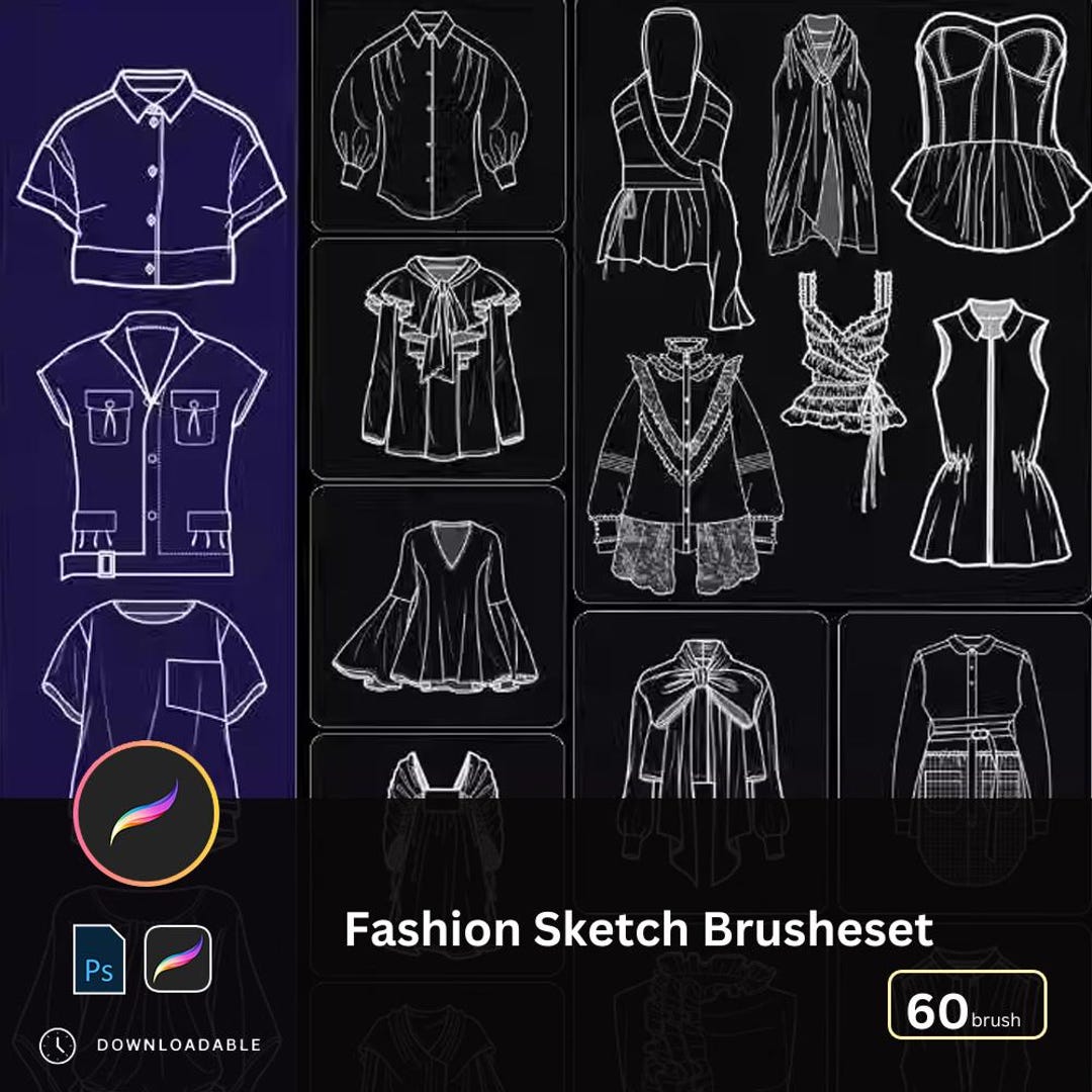 60 Women’s Clothing Lineart Procreate Photoshop Brushes, Fashion Design ...