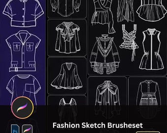 60 Damenbekleidung Lineart Procreate Photoshop Pinsel, Mode-Design-Skizzenpinsel-Set für Kleider, Hemden, Outfit-Zeichnung und Illustration
