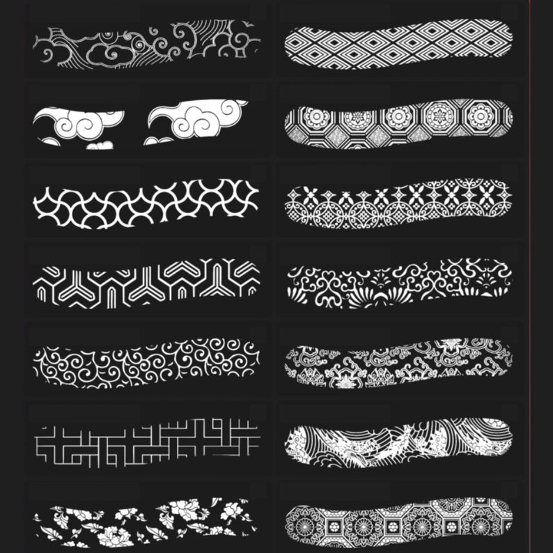 May include: A set of 10 black and white Japanese-style patterns. The patterns are in a variety of styles, including geometric, floral, and abstract. The patterns are all in a horizontal format and are perfect for use in crafts, scrapbooking, and other creative projects.