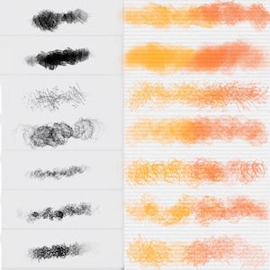 Puede incluir: Un conjunto de 10 trazos de pincel digitales, 5 en negro y 5 en naranja y amarillo. Los pinceles est&aacute;n hechos de l&iacute;neas y c&iacute;rculos, y son perfectos para crear una variedad de texturas y efectos.