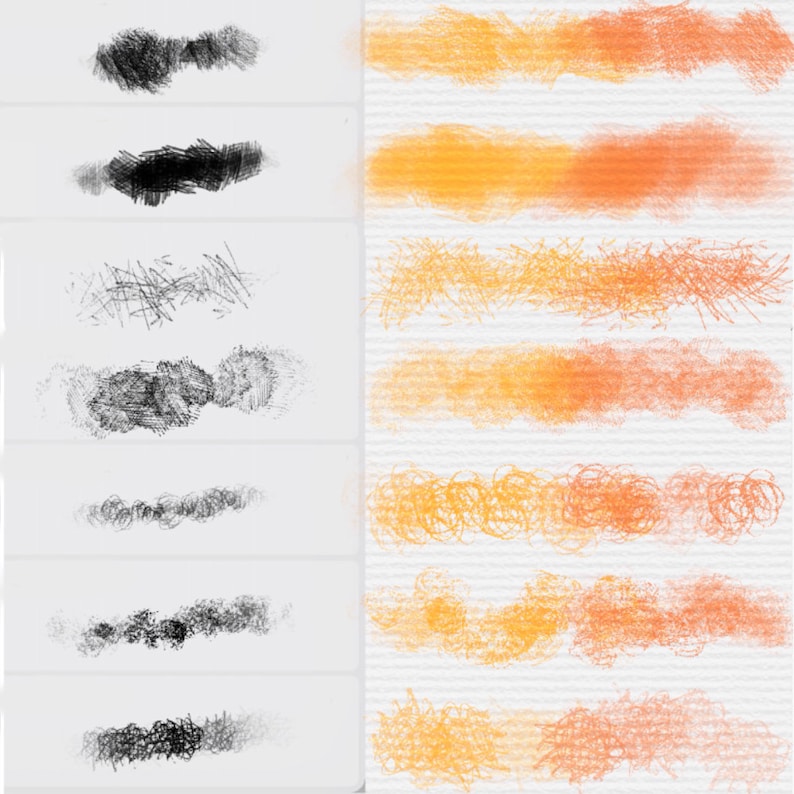 Puede incluir: Un conjunto de 10 trazos de pincel digitales, 5 en negro y 5 en naranja y amarillo. Los pinceles est&aacute;n hechos de l&iacute;neas y c&iacute;rculos, y son perfectos para crear una variedad de texturas y efectos.