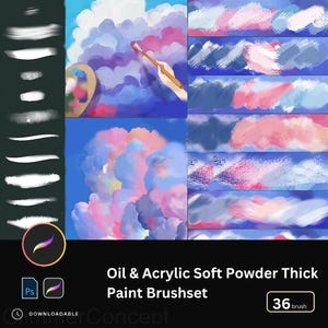 May include: Digital art brushes for oil and acrylic painting. The image shows a variety of brush strokes in shades of blue, pink, and white, along with a palette and a hand holding a brush. The text reads "Oil & Acrylic Soft Powder Thick Paint Brushset".