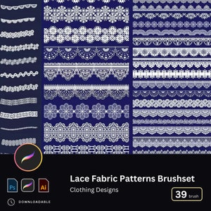 May include: A set of 39 white lace fabric patterns for clothing designs. The patterns are displayed on a dark blue background.