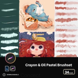 Può includere: Pennelli per arte digitale per Procreate e Photoshop. L'immagine mostra una varietà di pennelli a pastello a olio e a pastello, insieme a illustrazioni di un elefante che legge, una ragazza con un coccodrillo sulla testa e un gatto in un cestino. Il testo dice "Crayon & Oil Pastel Brushset".