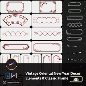 Puede incluir: Un conjunto de 35 elementos decorativos vintage del Año Nuevo oriental y marcos clásicos. Los marcos son de color rojo y blanco, con diseños intrincados. Los elementos incluyen bordes, divisores y otros elementos decorativos.