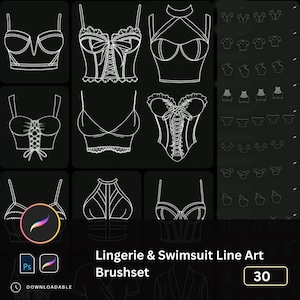 Puede incluir: Un conjunto de 30 pinceles digitales de arte de línea para crear diseños de lencería y trajes de baño. Los pinceles son blancos sobre un fondo negro e incluyen varios estilos de sujetadores, corsés y trajes de baño.