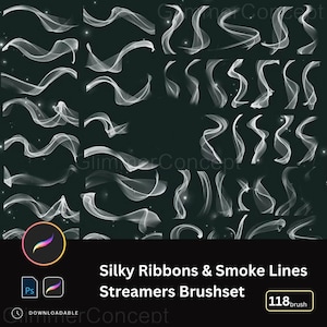 Könnte beinhalten: Eine Sammlung weißer, fließender Bänder und Rauchlinien-Illustrationen auf einem dunkelgrünen Hintergrund. Das Bild enthält ein Procreate- und Photoshop-Symbol sowie den Text "Silky Ribbons & Smoke Lines Streamers Brushset" mit 118 Pinseln.