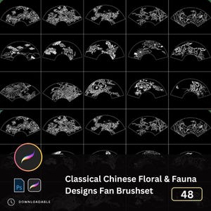 May include: A set of 48 digital fan brush designs featuring classical Chinese floral and fauna motifs. The brushes are designed for use in Adobe Photoshop.
