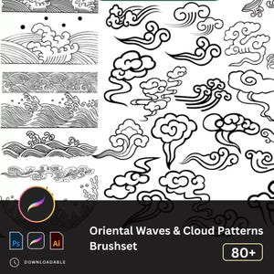 May include: Black and white digital brush set featuring over 80 oriental wave and cloud patterns. The brush set is downloadable and compatible with Adobe Photoshop and Illustrator.