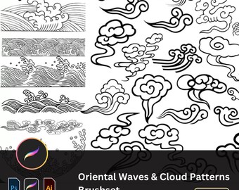 May include: Black and white digital brush set featuring over 80 oriental wave and cloud patterns. The brush set is downloadable and compatible with Adobe Photoshop and Illustrator.