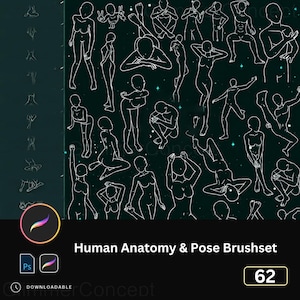 May include: A digital art brushset featuring 62 human anatomy poses. White line drawings of figures in various positions are set against a dark teal background with scattered stars. The text "Human Anatomy & Pose Brushset" is displayed below the images.