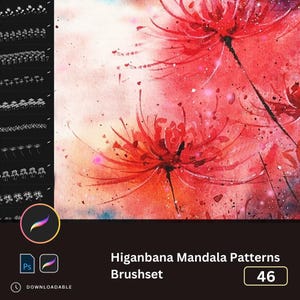 Pode incluir: Um conjunto de pincéis digitais com 46 padrões de estilo aquarela de lírios aranha vermelhos, também conhecidos como Higanbana, dispostos em um design de mandala. O conjunto de pincéis se chama "Higanbana Mandala Patterns Brushset".