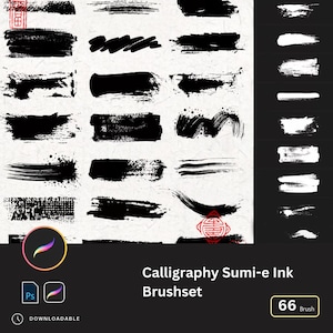 Zestaw 60+ stempli z tuszem akwarelowym do kaligrafii Ink Wash do programów Photoshop i Procreate | Splatter, Stamp, Sumi-e Brushes, Ink Splatter Effects Japan