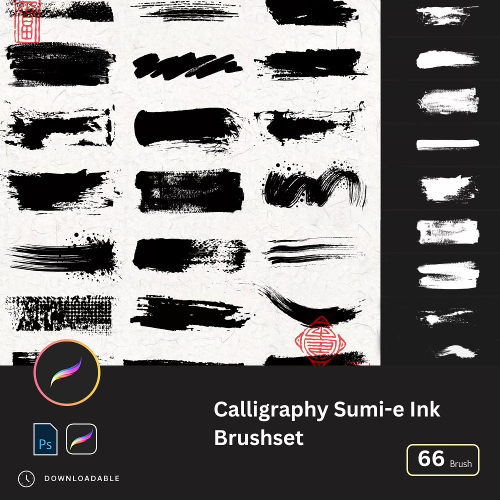 60+ Calligraphy Ink Wash Watercolor Ink Stamps & Sumi-e Brushes for Procreate and Photoshop